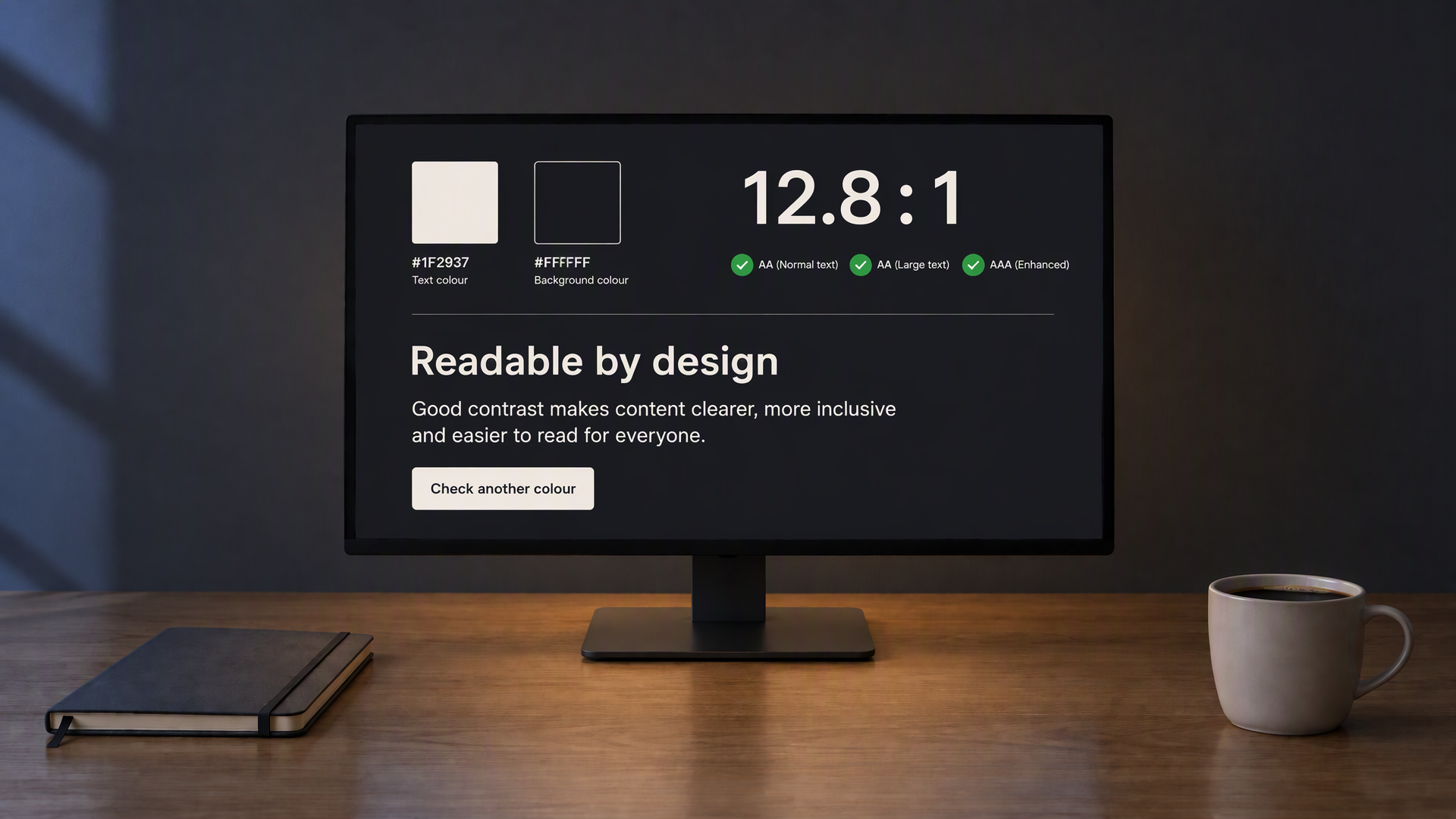 The same desk and contrast checker with a dark theme and evening lighting