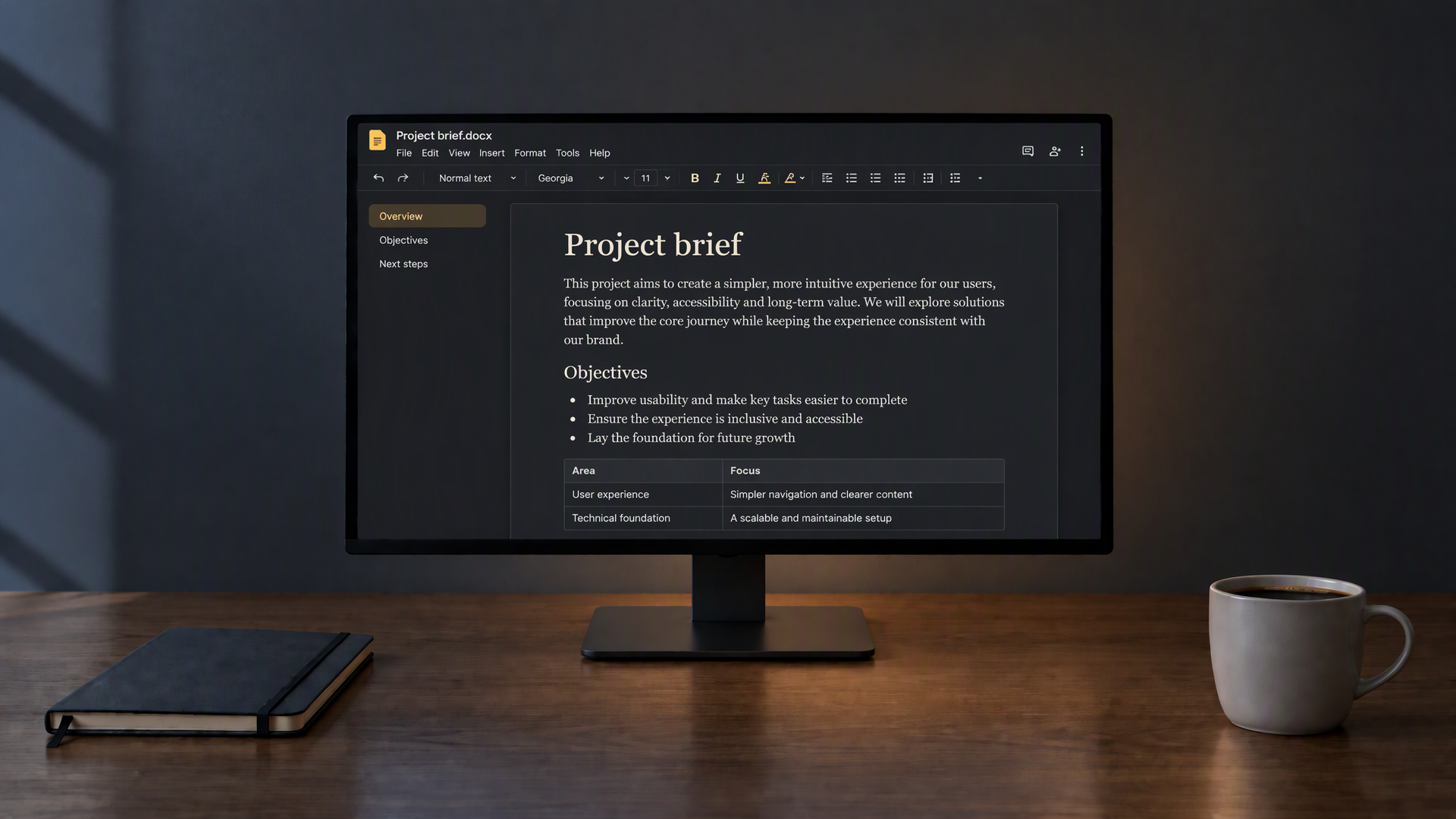 The same Word document page in a dark tone