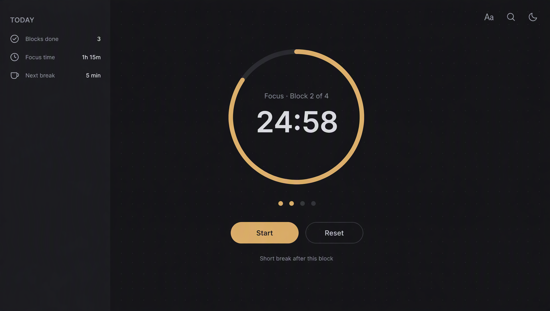 The same focus timer on the dark page, with the time left in warm amber