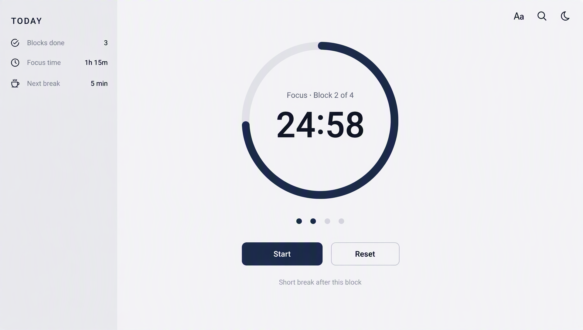 A focus timer on a bright white page, with the time left in dark numbers