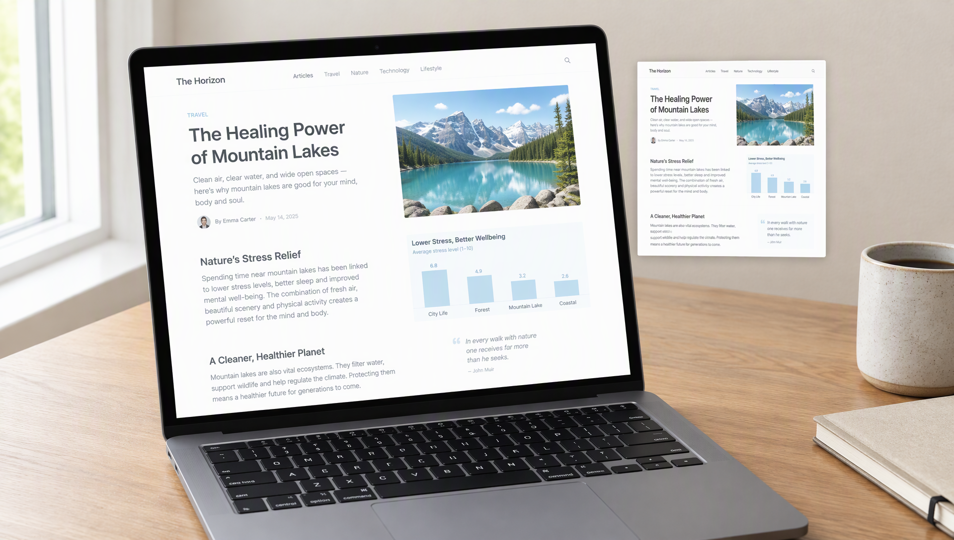A laptop with a bright white article on a pale wooden desk, with a bright preview card beside it