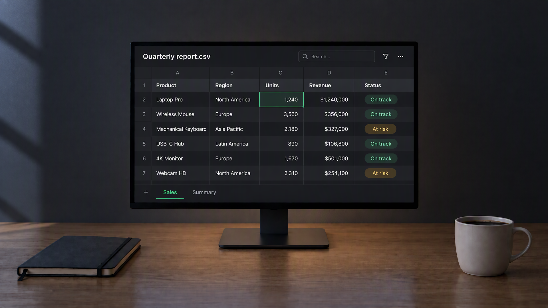 Spreadsheet table on a dark surface
